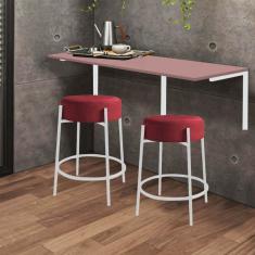 Imagem de Kit Mesa Suspensa de Parede Fixa MDF Rosa + 2 Banquetas Sintra Ferro Branco Suede Vermelho - Ahazzo Móveis