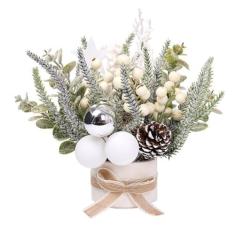 Imagem de Decoração de mesa pequena para árvore de Natal, mini árvores artificiais com pinhas, bolas de Natal, flocos de neve, plantas artificiais decorativas, férias, inverno, mesa, centro de mesa, decoração