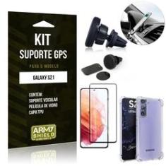 Imagem de Kit Suporte Veicular Magnético Galaxy S21 + Capa Anti Impacto +Película Vidro 3D - Army...