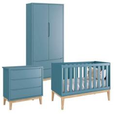 Imagem de Quarto de Bebê Classic 2 Portas Azul com Pés Madeira Natural  Reller