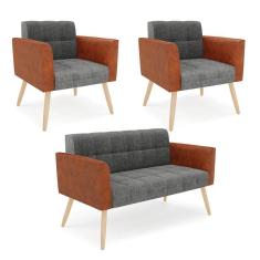 Imagem de Sofá Namoradeira E 2 Poltronas Pés Palito Natural Elisa Nozes-linho Grafi A26 D03 - D'rossi