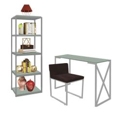 Imagem de Kit Escritório Bex 1 Cadeira Suede Marrom com 1 Mesa e 1 Livreiro Ferro Cinza MDF Verde Oliva - Ahazzo Móveis
