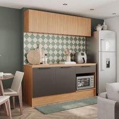 Imagem de Armário de Cozinha Conjunto 2 Peças com Balcão Gabinete 190cm Melissa Cinza com Freijó