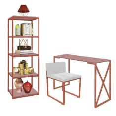 Imagem de Kit Escritório Bex 1 Cadeira Suede Branco com 1 Mesa e 1 Livreiro Ferro Bronze MDF Rose Rosa - Ahazzo Móveis
