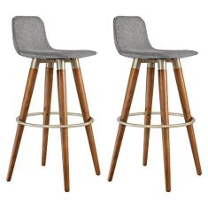 Imagem de KIT 2 BANQUETAS ALTAS LUXO VERSATIL AÇO CHAMPANHE LINHO CINZA BASE CARVALHO