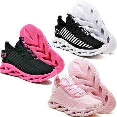 Imagem de Tênis Feminino Solado Confort Trançado Esportivo - 3 Pares Preto E Ros