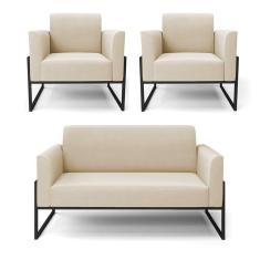Imagem de Sofá Namoradeira Com 2 Poltronas Base Industrial Alta Preto Marisa Suede D03 - D\`rossi Cor Bege