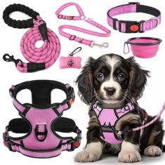 Imagem de LOBEVE Conjunto de arnês, coleira e coleira para cães sem puxar | Inclui cinto de segurança para cães, tigelas dobráveis e dispensador de saco de cocô. Ideal para treinamento, caminhada, caminhada.