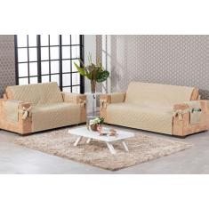 Imagem de Jogo De Sofá 2 E 3 Lugares Costurado Com Laço E Porta Controle Bege -