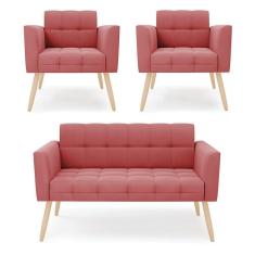 Imagem de Kit 1 Sofá Namoradeira E 2 Poltronas Elisa Suede Rosê Pés Palito Natural - D`rossi