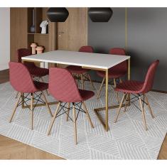 Imagem de Mesa Industrial Retangular Branca Base V Dourada 137x90cm 6 Cadeiras Eames Madeira Estofadas Vermelh