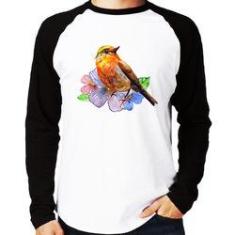 Imagem de Camiseta Raglan Pássaro E Flores Manga Longa - Foca Na Moda