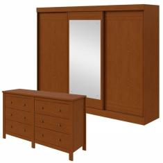 Imagem de Conjunto de Guarda-Roupa 3 Portas 4 Gavetas Nice com Espelho e Cômoda Maggiore New  Frassino/Off White