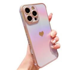 Imagem de phylla Capa de telefone para iPhone 16 Pro 5g 16.0 cm luxuosa chapeada coração fofo iridescente arco-íris capa protetora a laser proteção da câmera silicone macio à prova de choque lateral elegante