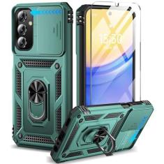 Imagem de BaHaHoues Capa para Samsung Galaxy A15 5G com protetor de tela e capa de lente de câmera deslizante, suporte de anel magnético de rotação de 360° integrado à prova de choque, capa protetora para