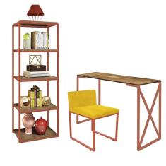 Imagem de Kit Escritório Bex 1 Cadeira Suede Amarelo com 1 Mesa e 1 Livreiro Ferro Bronze MDF Freijó - Ahazzo Móveis