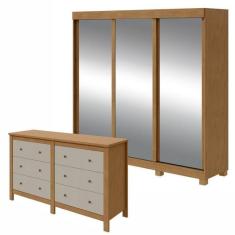 Imagem de Conjunto de Guarda-Roupa 3 Portas 3 Gavetas Saion Plus Super Glass com Pés e Cômoda Maggiore New  Amêndoa Clean/Off White/Amêndoa Clean