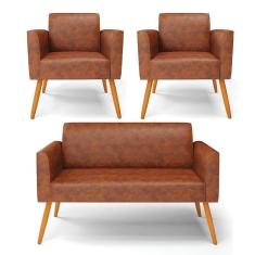 Imagem de Sofá Namoradeira Com 2 Poltronas Pés Palito Castanho Marisa Corano D03 - D\`rossi Cor Nozes