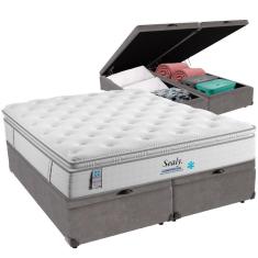 Imagem de Cama Box Baú Cinza e Colchão Confort Gel Molas Ensacadas com Pillow Top Queen Sealy