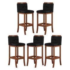 Imagem de Kit 5 Banquetas Média Encosto Estofado 38x92 Cm Turim Madeira Maciça Castanho Suede Preto CCS