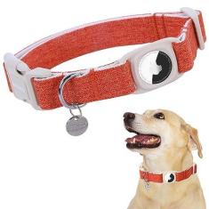 Imagem de DOGWONG Airtag Coleira de algodão para cães de cânhamo, coleira para cães resistente com suporte para Airtag Coleira de outono laranja para cães de estimação tecido natural durável coleira para cães fofos para cães pequenos, médios e grandes