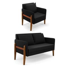 Imagem de Kit 1 Sofá Namoradeira E 1 Poltrona Lana Suede Preto Base De Madeira - D`rossi