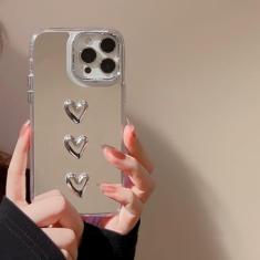 Imagem de ZTOFERA Capa espelhada para iPhone 14 Pro Max, espelho com lindo coração 3D para maquiagem de meninas e mulheres, espelho rígido + amortecedor de TPU macio transparente capa protetora antiqueda para