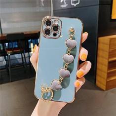 Imagem de Luxo chapeamento amor coração pulseira capa de telefone para iphone 13 11 pro max xr xs 7 8 plus se2 12 mini cor corrente de pulso capa de silicone, lago azul, para 12 pro max