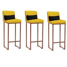 Imagem de Kit 03 Banqueta Alta com Encosto Lucca Industrial Cozinha Balcão Ferro Bronze Sintético Amarelo e Almofada Preto - Ahazzo Móveis