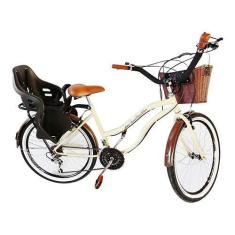 Imagem de Bicicleta Retrô Aro 26 Cadeirinha Infantil 18 Marchas Bege