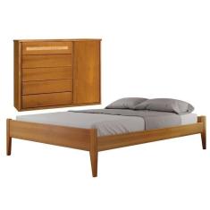 Imagem de Conjunto Quarto de Casal Cama em Madeira Maciça e Cômoda 5 Gavetas com Sapateira Unique Amêndoa Mel