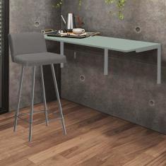 Imagem de Kit Mesa Suspensa de Parede Fixa MDF Verde Oliva + 1 Banqueta Lexi Ferro Prata Sintético Cinza - Ahazzo Móveis