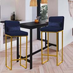 Imagem de Kit 02 Banqueta Alta com Encosto Lucca Industrial Cozinha Balcão Ferro Dourado Sintético Azul Marinho e Almofada Azul Marinho - Ahazzo Móveis