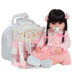 Imagem de Boneca Reborn Realista Morena 46cm Enxoval Completo Rosa - Cegonha Reb