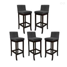 Imagem de Kit 5 Banquetas Média para Balcão de Cozinha Tóquio Madeira Maciça Matelassê Suede Cinza CCS