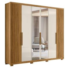 Imagem de Guarda Roupas Casal Ripado Com Espelho 6 Portas 4 Gavetas 2,60m Araguaia Freijó / Off White Moval