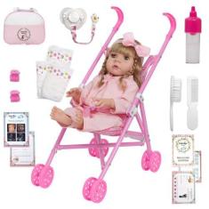 Imagem de Boneca Reborn Bebê Corpo Silicone Kit Acessórios Carrinho - Cegonha Re