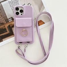 Imagem de Carteira com Alça de Pescoço Transversal Capa de Telefone Cartão para iPhone 14 13 12 11 Pro Max Mini X XS XR 7 8 Plus Capa de Couro, Grama Roxo, Para iPhone XR