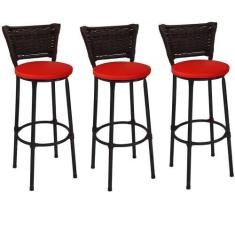 Imagem de Kit 3 Banquetas Alta Preta Junco Argila Com Assento Vermelho Fortmix