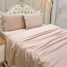 Imagem de Jogo de Cama Lençol Realce Casal 4 Peças Percal 300 Fios Bordado Inglês Macio - Rosê
