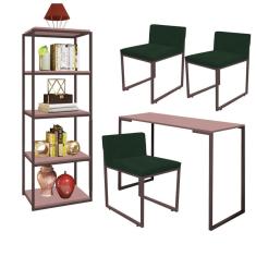 Imagem de Kit Escritório Ravi 3 Cadeiras Suede Verde com 1 Mesa e 1 Livreiro Ferro Marrom MDF Rose Rosa - Ahazzo Móveis