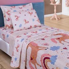 Imagem de Kit 5Pçs Colcha Solteiro +Jogo De Lençol Unicórnio Rosa - Casa Scarpa