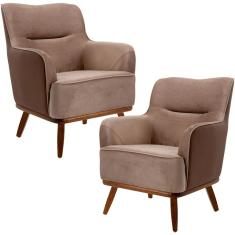 Imagem de Kit 02 Poltronas Decorativas Base Fixa de Madeira Isabella D02 Veludo Importado Bege Escuro B-68 -Lyam Decor
