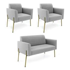 Imagem de Sofá Namoradeira E 2 Poltronas Pé De Ferro Dourado Marisa Suede D03 Cinza