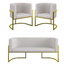 Imagem de Kit 2 Poltronas + Sofá 2 Lugares Base De Metal Gold Veludo Bege