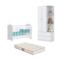 Imagem de Berço Bala De Menta E Guarda Roupa Labirinto Branco E Colchão - Fdecor