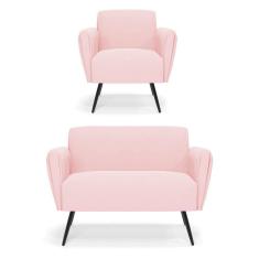 Imagem de Sofá Namoradeira com Poltrona Pés Palito de Ferro Bruna Suede Rosa Bebê - D`Rossi