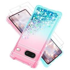 Imagem de Capa para Pixel 7, com protetor de tela*2, capa para Google Pixel 7 fofa transparente coração com glitter macio TPU protetor à prova de choque, capa de telefone Pixel 7 para mulheres e meninas,