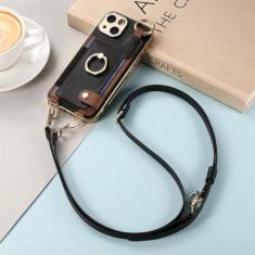 Imagem de Para iphone 15 14 plus 13 12 11 pro max chapeamento caso do telefone alça de pulso anel com cordão longo & amp; Capa de couro PU com corda de mão curta, preta, para iPhone 12 Pro Max