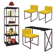 Imagem de Kit Escritório Bex 3 Cadeiras Suede Amarelo com 1 Mesa e 1 Livreiro Ferro Marrom MDF Preto - Ahazzo Móveis